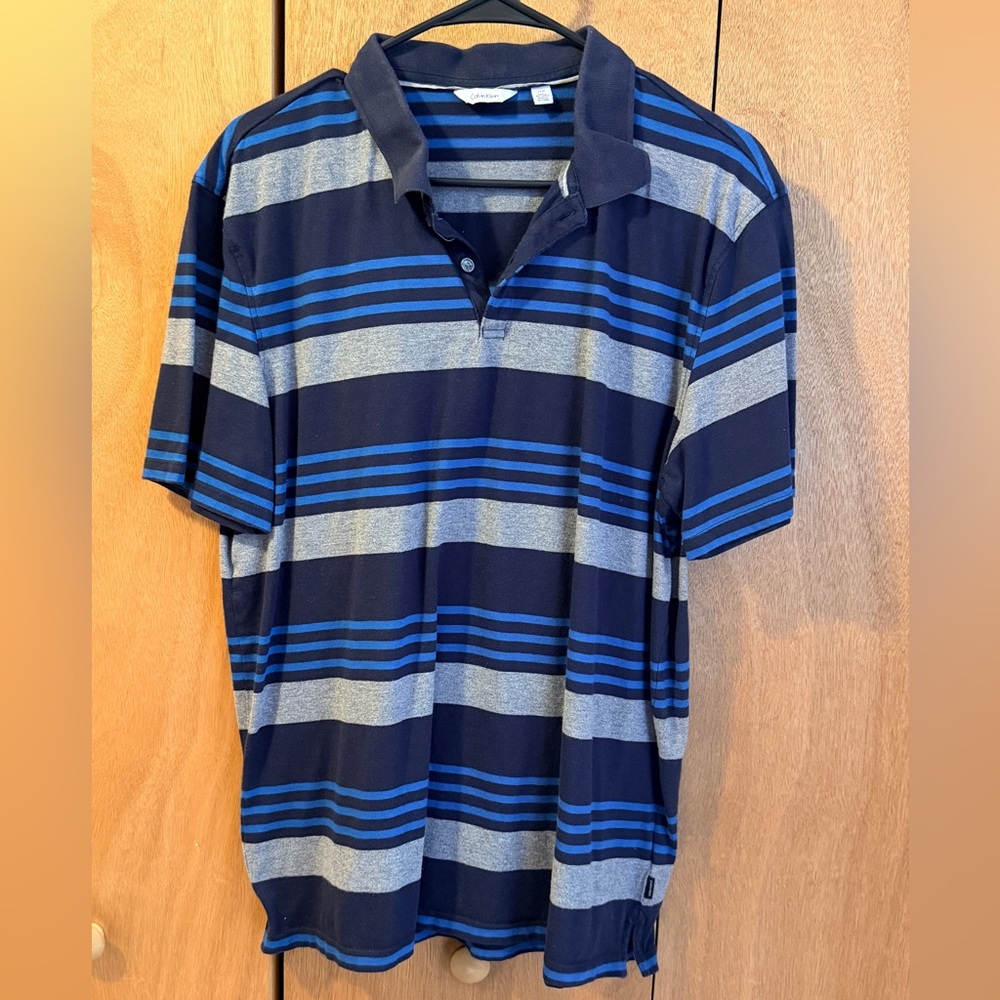 Calvin Klein Blue and Gray Striped Polo